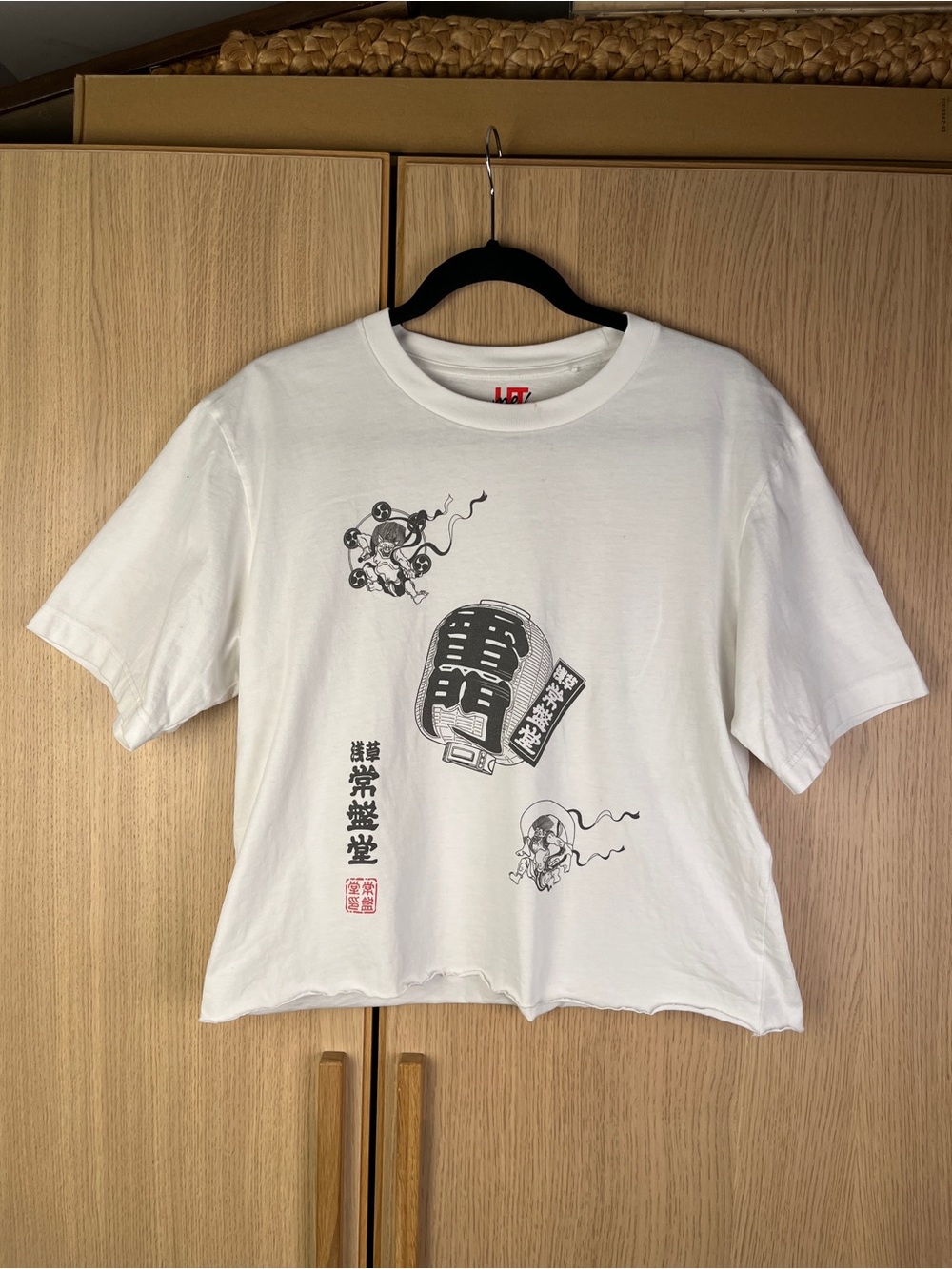 Custom Cropped Uniqlo White Graphic Tee, Size M, One-of-a-Kind